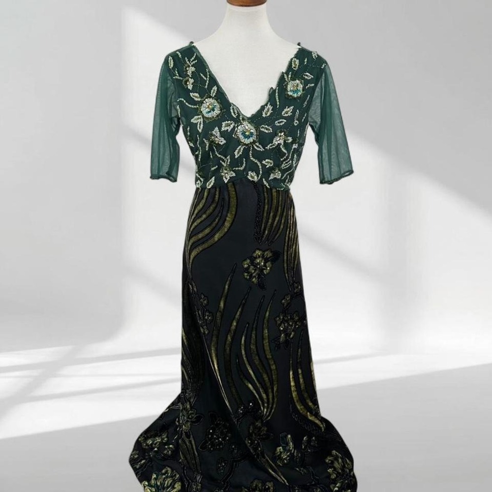 Monrania Green Beaded Mesh Velvet Floral Whimsigoth Evening‎ Gown Maxi Dress 16